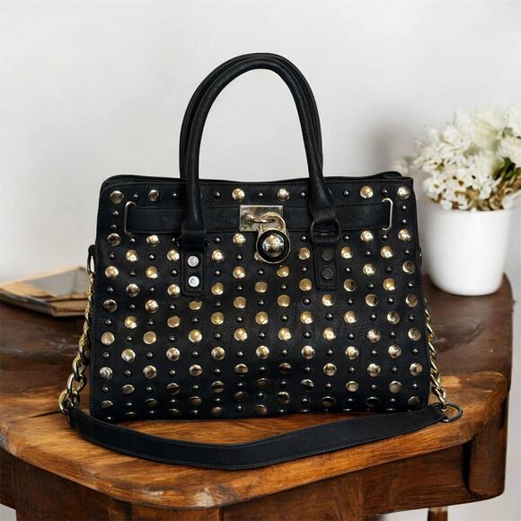 Black Leather Brass Studded Chain and Leather Handles Purse Satchel Tote - Picture 1 of 9